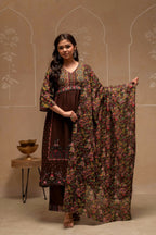 Juniper Brown Floral Viscose Kurta Pant Dupatta Set With Thread Work And Sequence | Grocsy