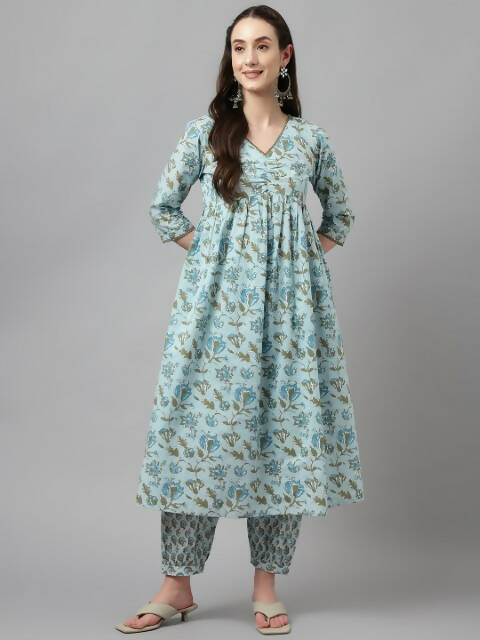 FIORRA Women's Sky Blue Pure Cotton Flared Kurta Set | Grocsy