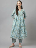 FIORRA Women's Sky Blue Pure Cotton Flared Kurta Set | Grocsy
