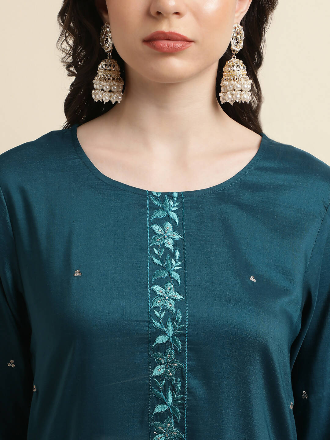 Teal Chinon Silk Embroidered Straight Kurta with Trouser & Dupatta - Salimar | Grocsy