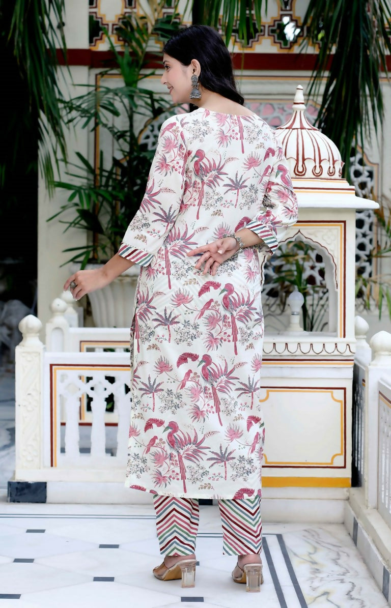 Miravan Women's Cotton Light Pink Floral Printed Straight Pakistani Style Kurta And Palazzo | Grocsy
