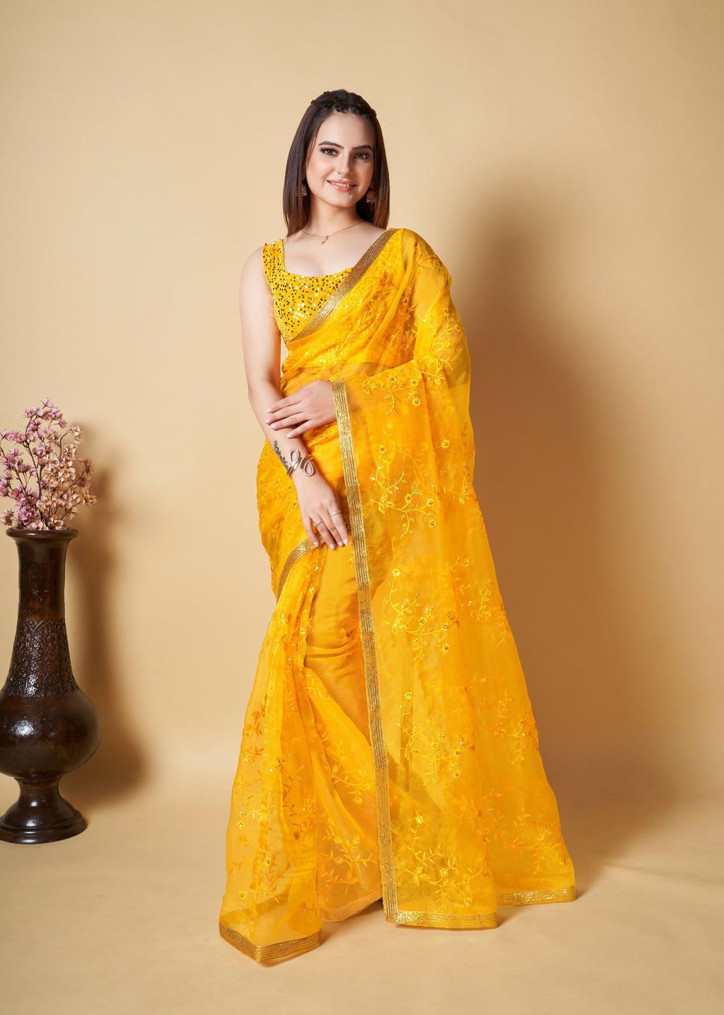 Vamsee Anya Yellow Organza Saree | Grocsy