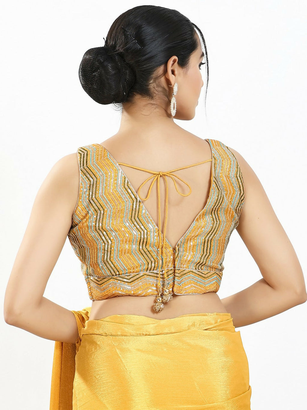 Joban Fashion Yellow Multi Silk Padded Blouse With V Neck Sleeveless | Grocsy