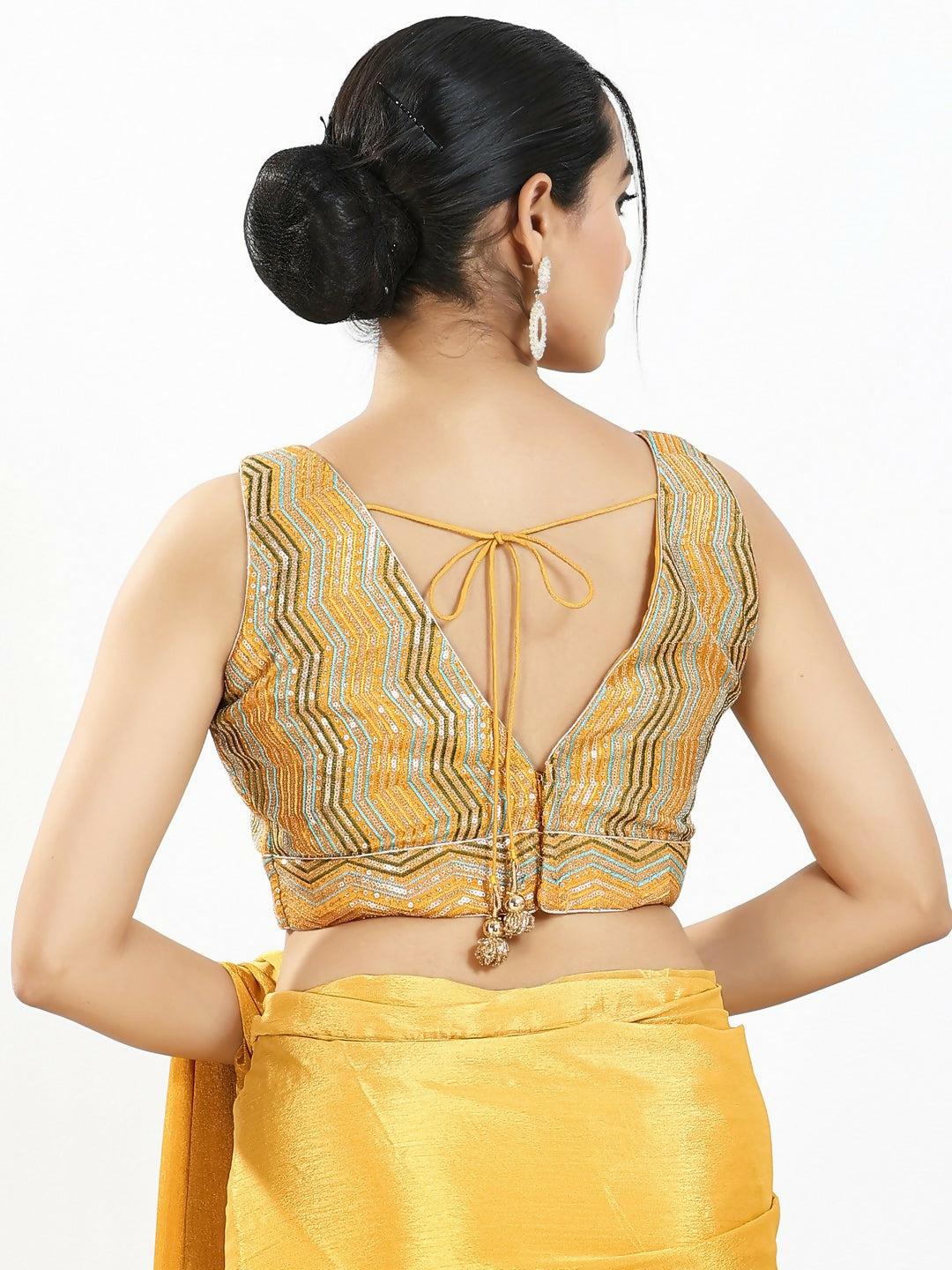 Joban Fashion Yellow Multi Silk Padded Blouse With V Neck Sleeveless | Grocsy