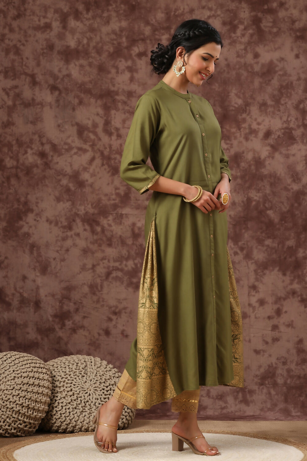 Juniper Olive Ethnic Motif Printed Rayon A-Line Women Kurta | Grocsy
