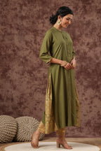 Juniper Olive Ethnic Motif Printed Rayon A-Line Women Kurta | Grocsy