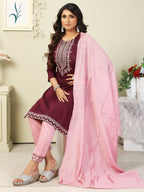 Vamika Chinon Embroidery Mahroon Party Wear/Casual Wear/Office Wear Kurta Set/Suit | Grocsy
