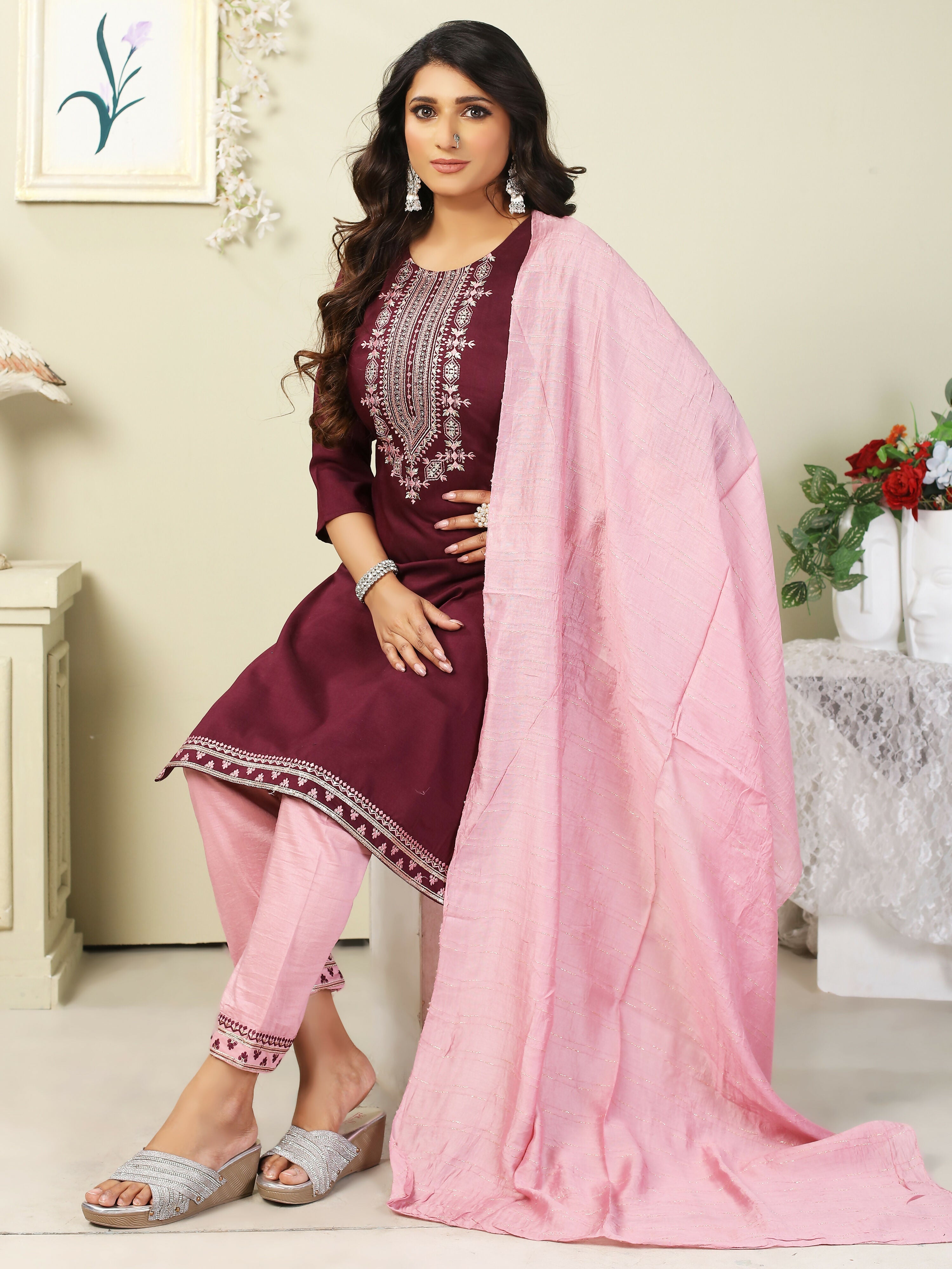 Vamika Chinon Embroidery Mahroon Party Wear/Casual Wear/Office Wear Kurta Set/Suit | Grocsy