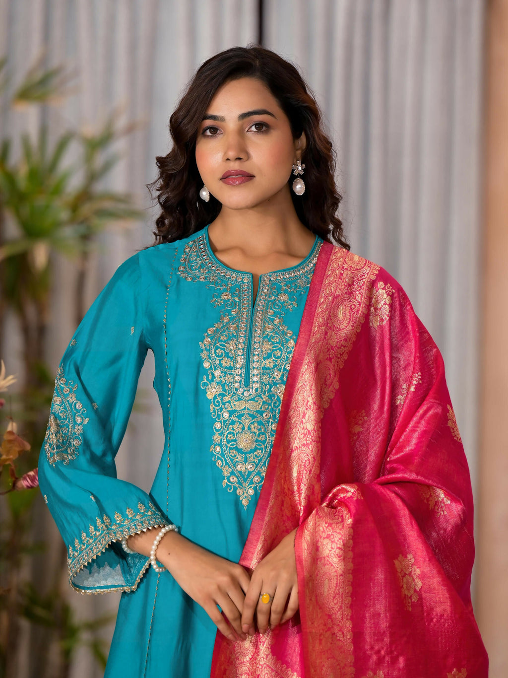 Juniper Women's Turquoise Zari Embroidered Viscose Kurta Pant And Dupatta Set With Lace & Mirror Work | Grocsy