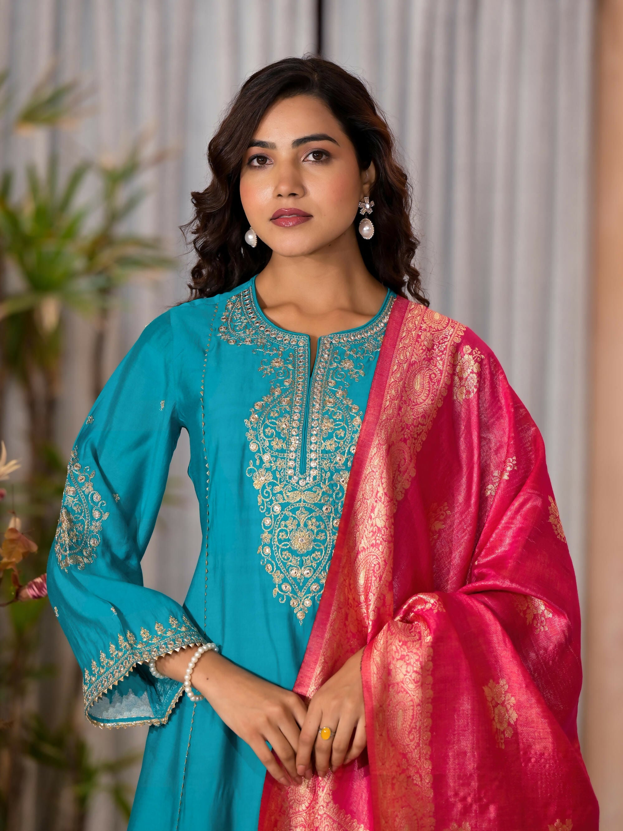 Juniper Women's Turquoise Zari Embroidered Viscose Kurta Pant And Dupatta Set With Lace & Mirror Work | Grocsy