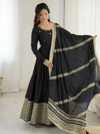 The52 Women's Gorgeous Chinon Silk Fabric Embroidery Work Flared Anarkali Pant and Dupatta Set | Grocsy
