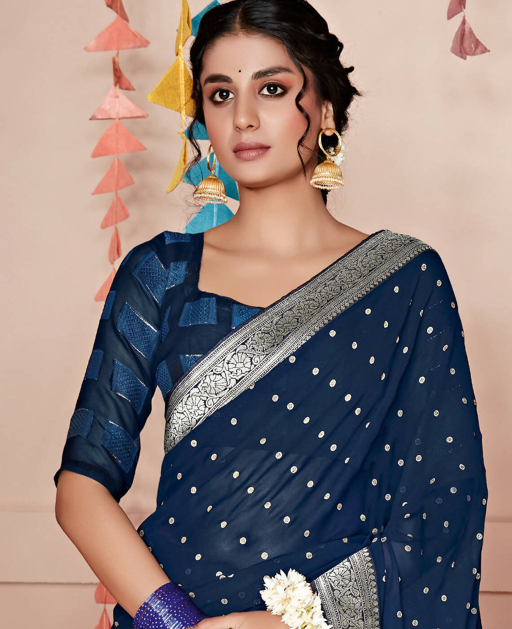 Blue Georgette Foil Printed Saree With Unstitched Blouse Piece - Nitya | Grocsy