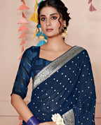 Blue Georgette Foil Printed Saree With Unstitched Blouse Piece - Nitya | Grocsy