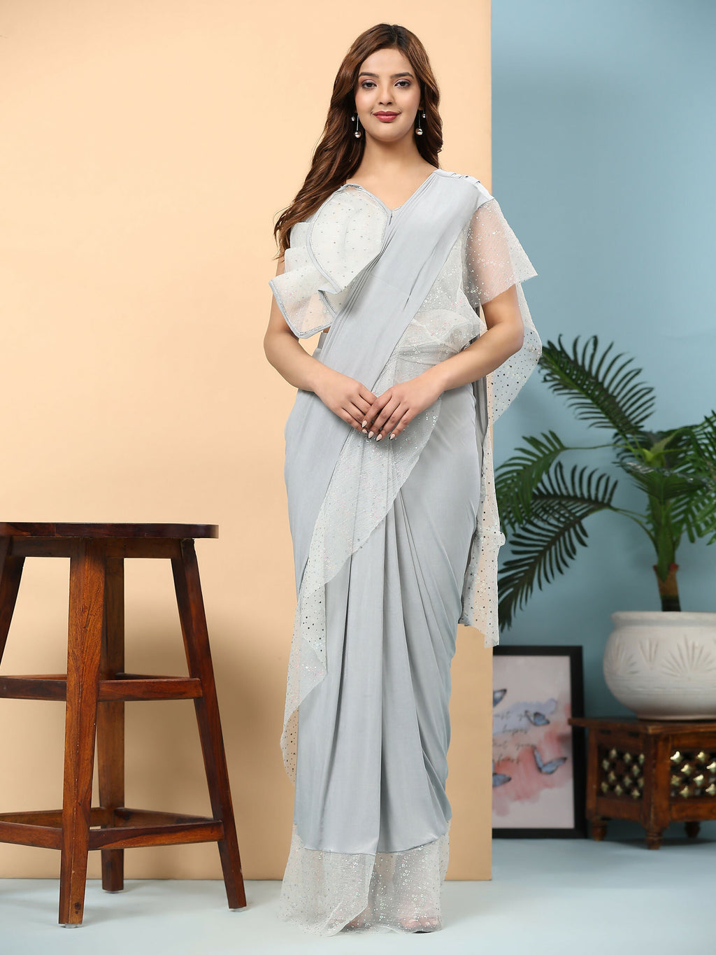 Light Grey Lycra Solid Ready to Wear Saree with stitched Blouse - Nita | Grocsy