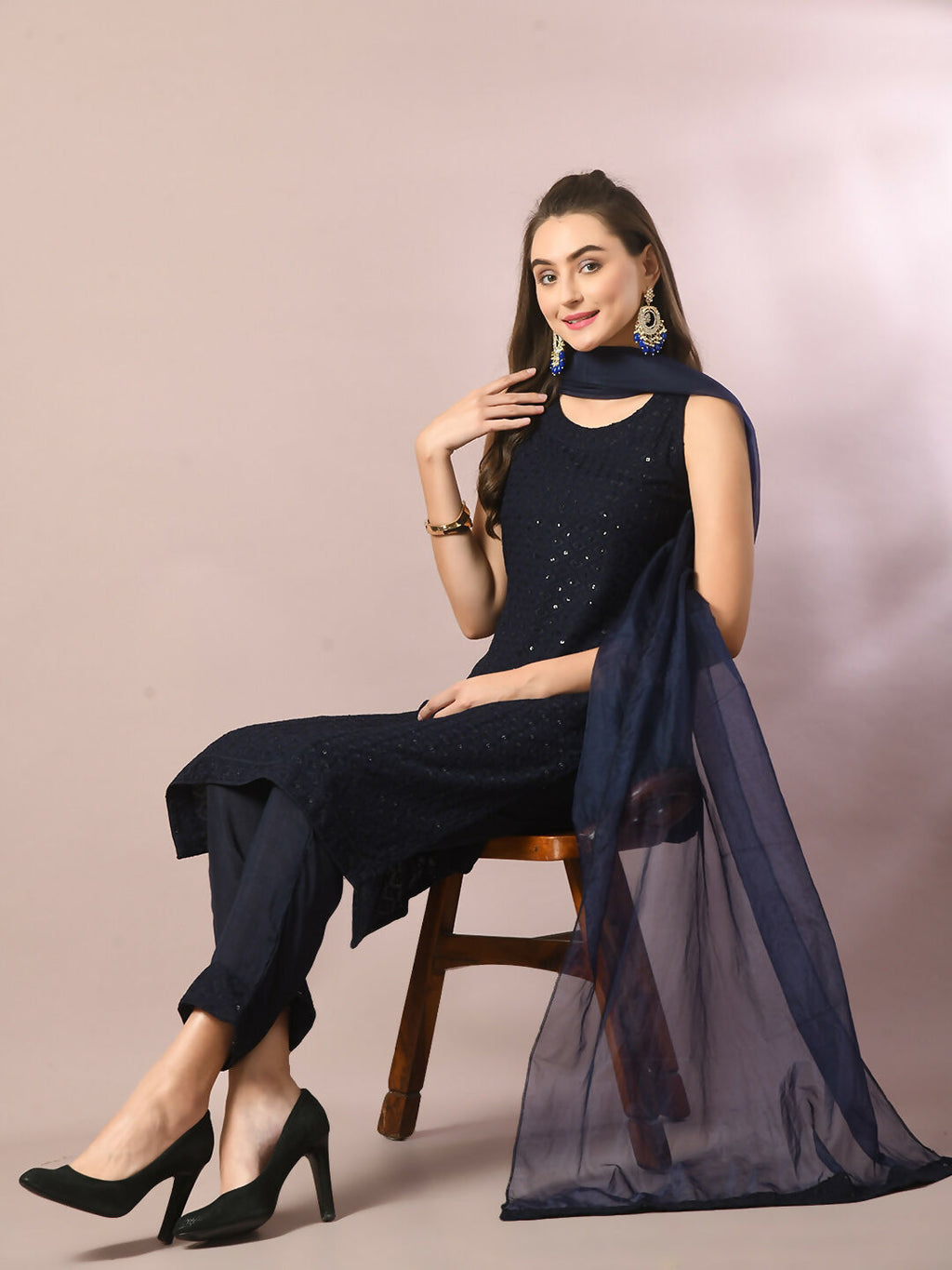 Myshka Women's Navy Blue Embroidered Cotton Straight Party Kurta Set With Dupatta | Grocsy