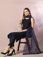 Myshka Women's Navy Blue Embroidered Cotton Straight Party Kurta Set With Dupatta | Grocsy