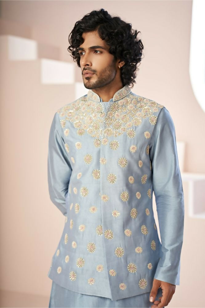 A Powder Blue Floral Hand Embroidered Nehru Jacket by Hilo Design | Grocsy