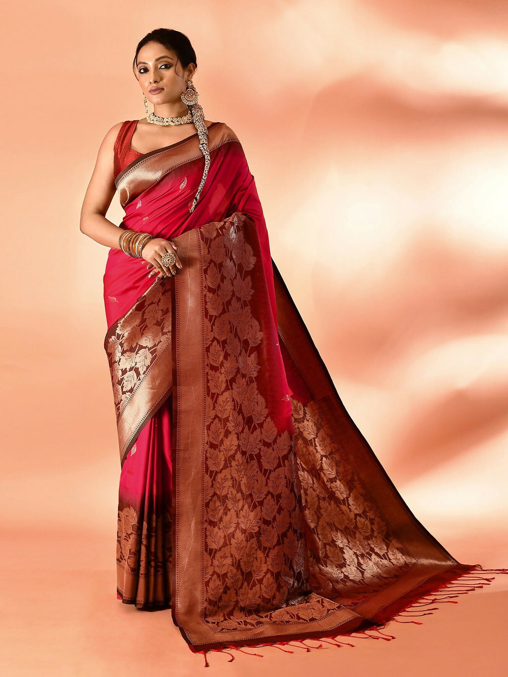 Joban Fashion Rani Pink & Bottle Green Plain With Weaving Border Banarasi Silk Sarees | Grocsy