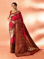 Joban Fashion Rani Pink & Bottle Green Plain With Weaving Border Banarasi Silk Sarees | Grocsy