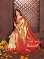 Aastha Fashion Cream Tissue Silk Woven Saree | Grocsy