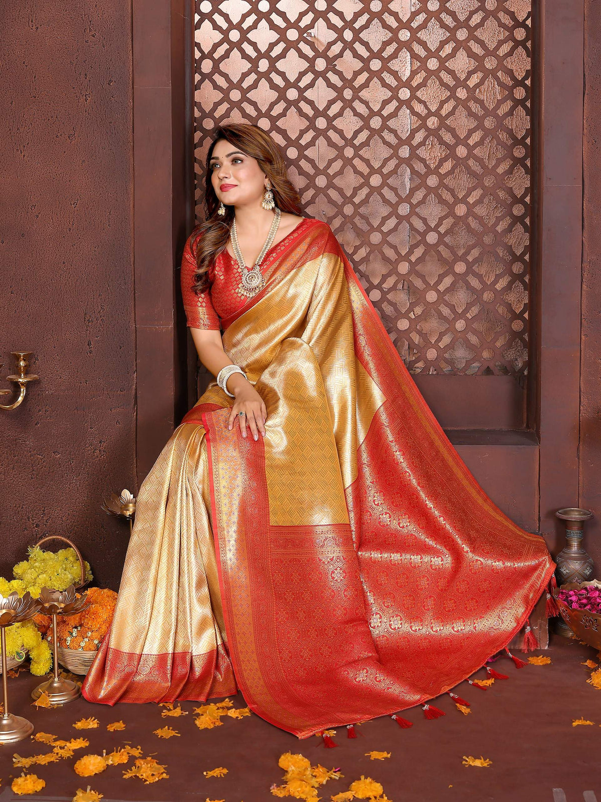 Aastha Fashion Cream Tissue Silk Woven Saree | Grocsy