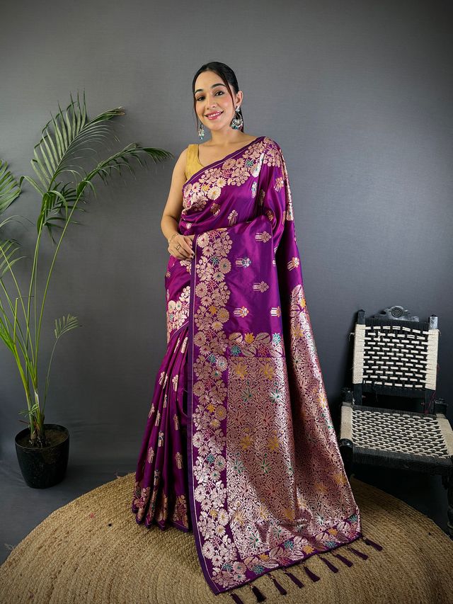 Elora Magenta Soft Silk Floral Zari Weaving Meenakari Saree With Floral Border | Grocsy