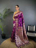 Elora Magenta Soft Silk Floral Zari Weaving Meenakari Saree With Floral Border | Grocsy