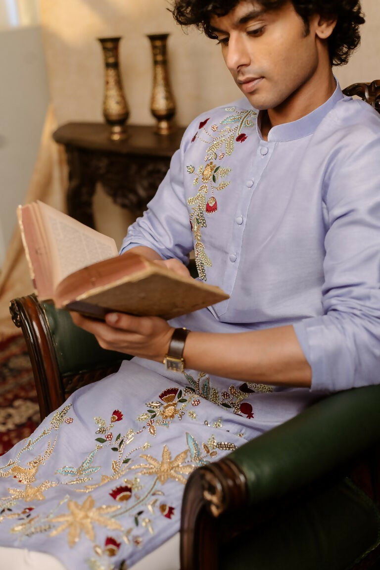 Falling Raw Silk Power Blue Botanical Bloom Kurta Set By Hilo Design | Grocsy