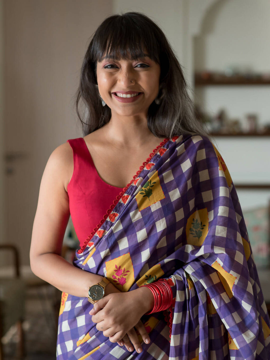Suta Multi Color Checked Pure Cotton Saree | Grocsy