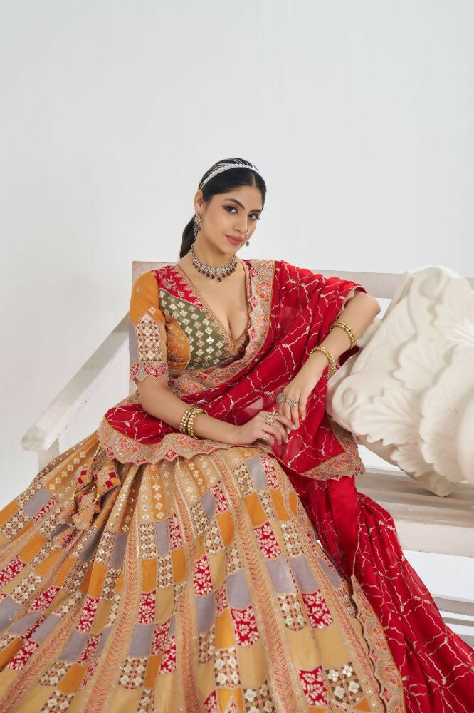 Kesar Fab Mustard Net Embroidered Lehenga | Grocsy