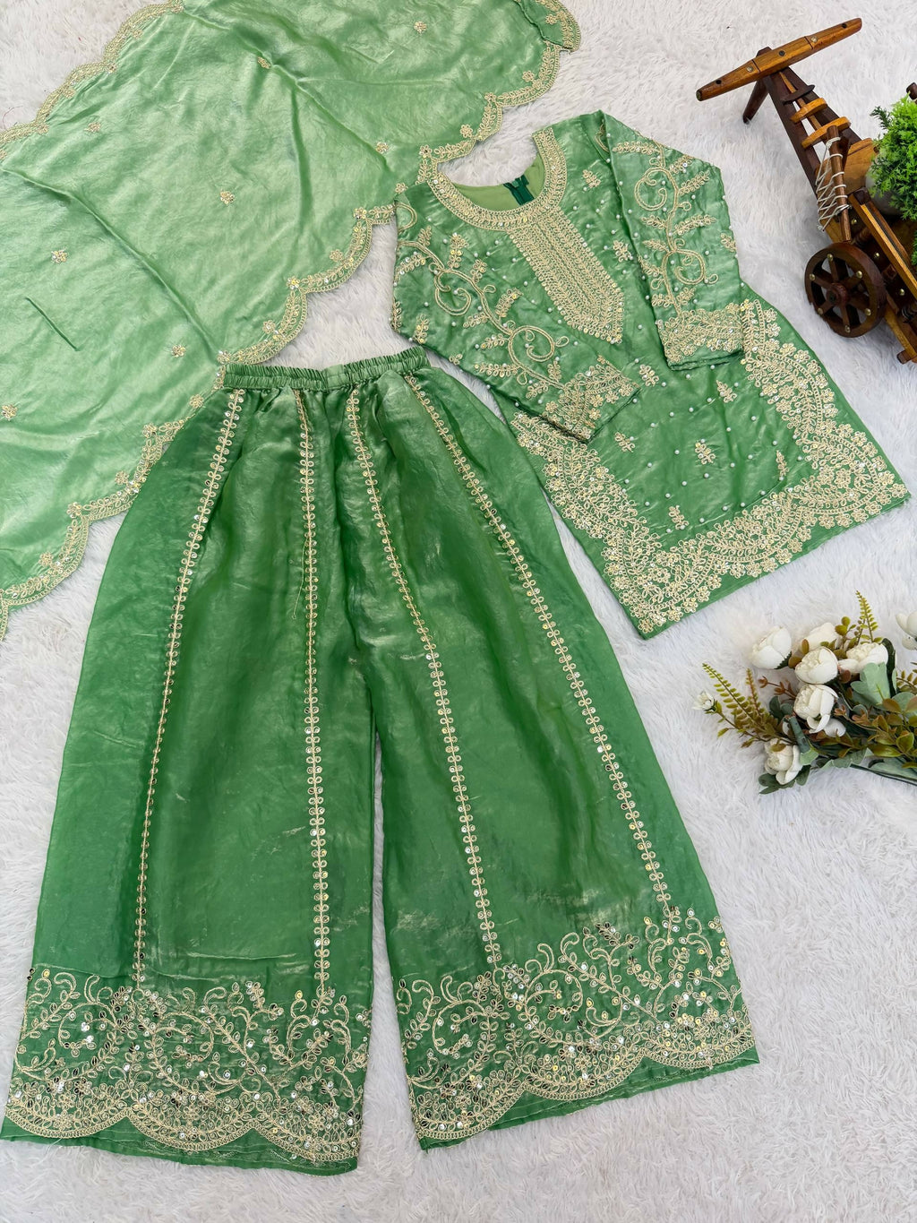 Teeya Creation New Trendy Fully Stitched Ready to Wear Kids Kurta Palazzo Set-Green | Grocsy