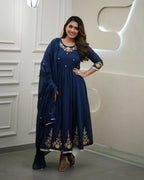 The52 Blue Women's Gorgeous Viscose Fabric Embroidered Work Flared Kurta Pant and Dupatta Set | Grocsy