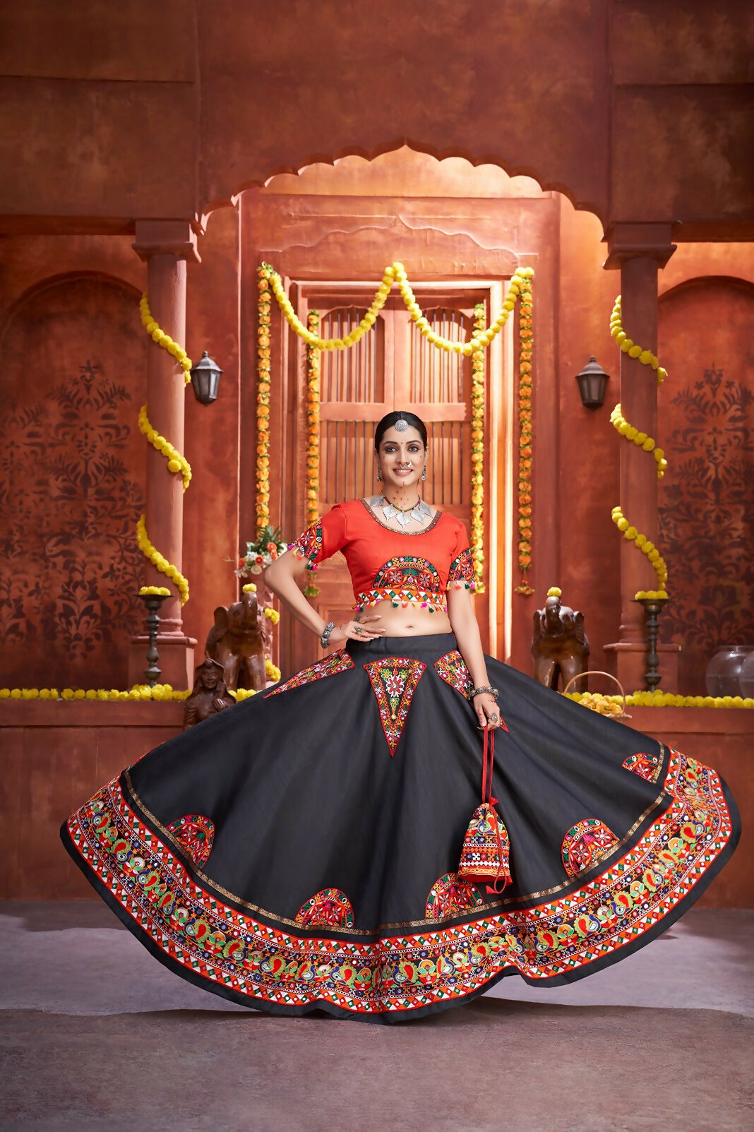 AI Fashion Black Art Silk Designer Navratri Lehenga Choli Collection | Grocsy