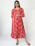 Manet Three Fourth Maternity Dress Floral Print With Concealed Zipper Nursing Access - Red | Grocsy