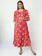 Manet Three Fourth Maternity Dress Floral Print With Concealed Zipper Nursing Access - Red | Grocsy