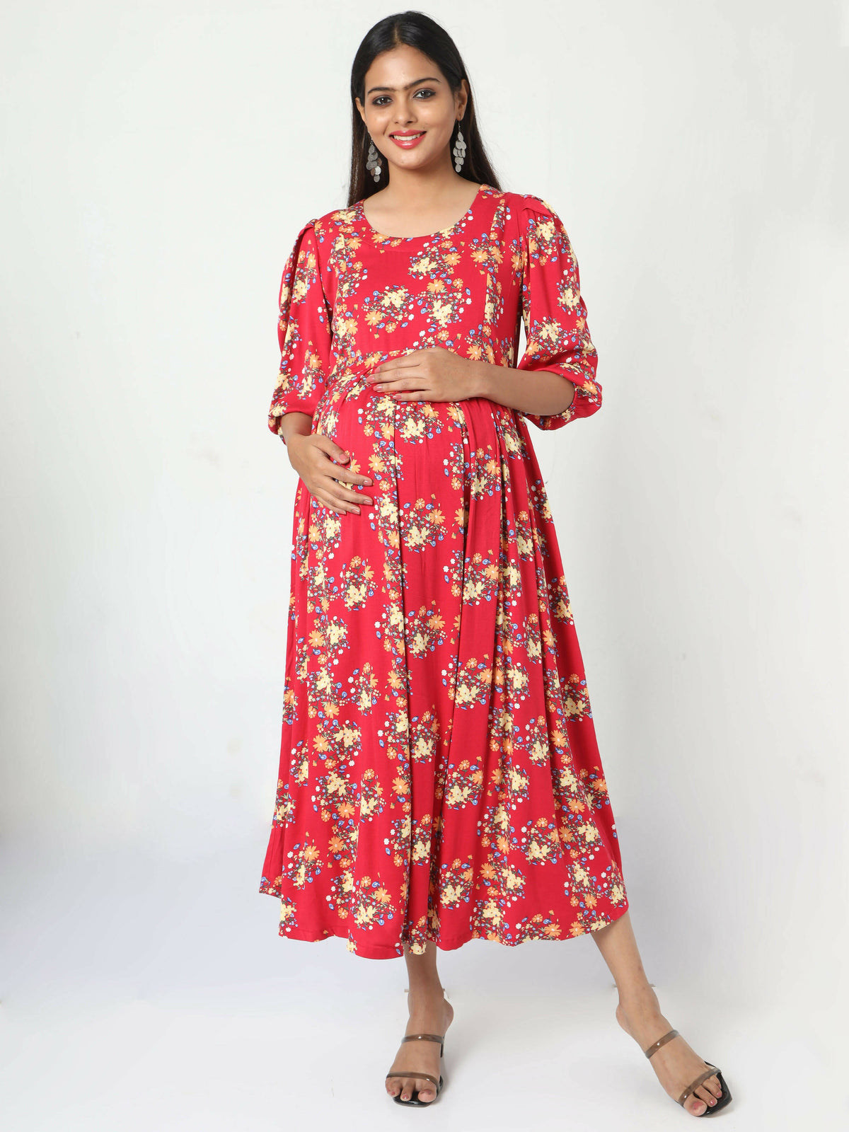 Manet Three Fourth Maternity Dress Floral Print With Concealed Zipper Nursing Access - Red | Grocsy