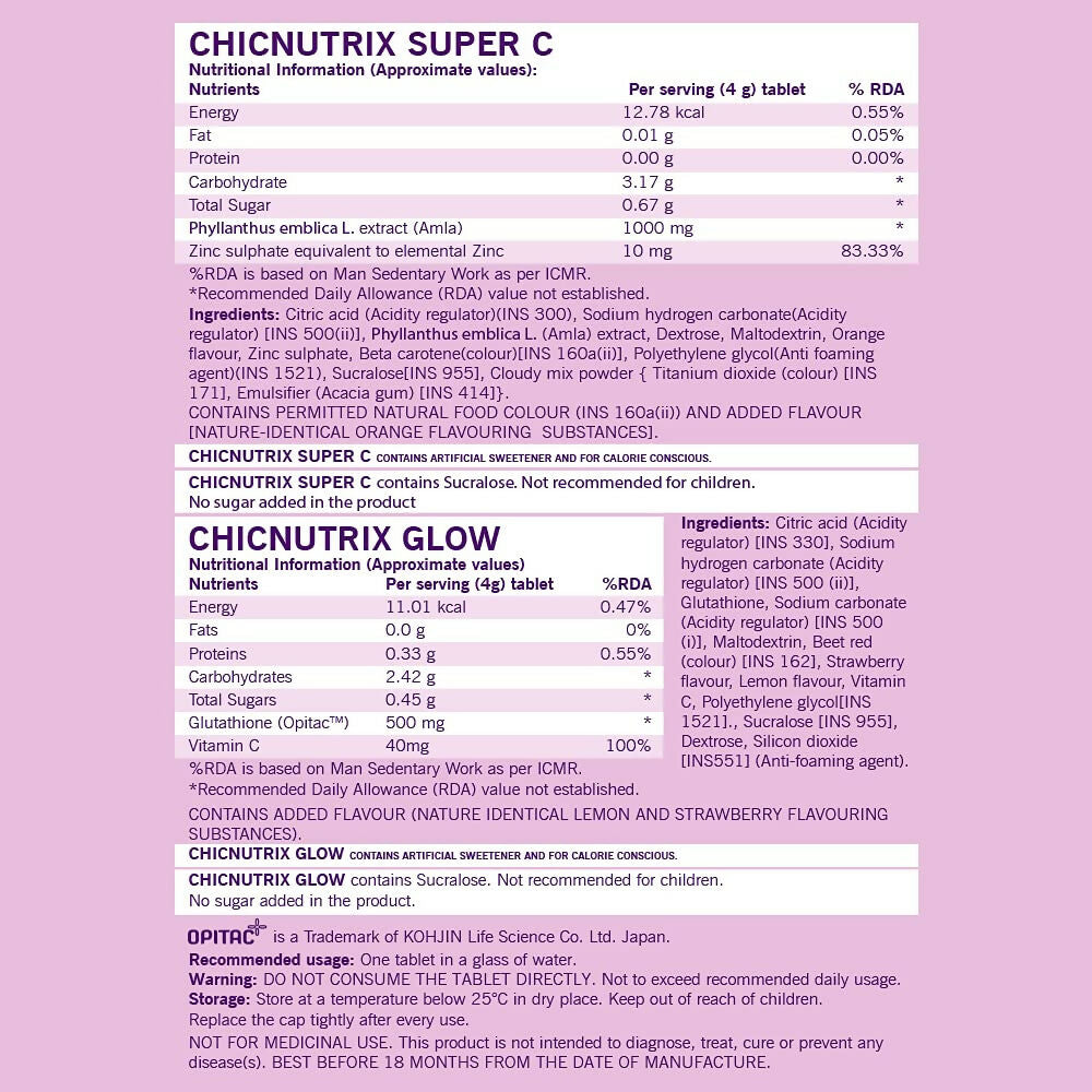 Chicnutrix Glow + Super C – Glutathione & Vitamin C Tablets | Grocsy