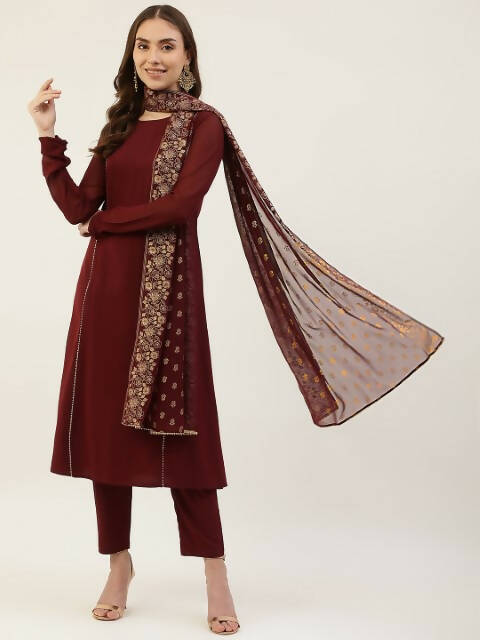 FIORRA Women's Maroon Poly Crepe Straight Kurta Pant With Dupatta | Grocsy
