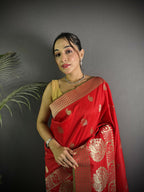 Joban Fashion Red Banarasi Soft Lichi Silk Paisley Saree | Grocsy