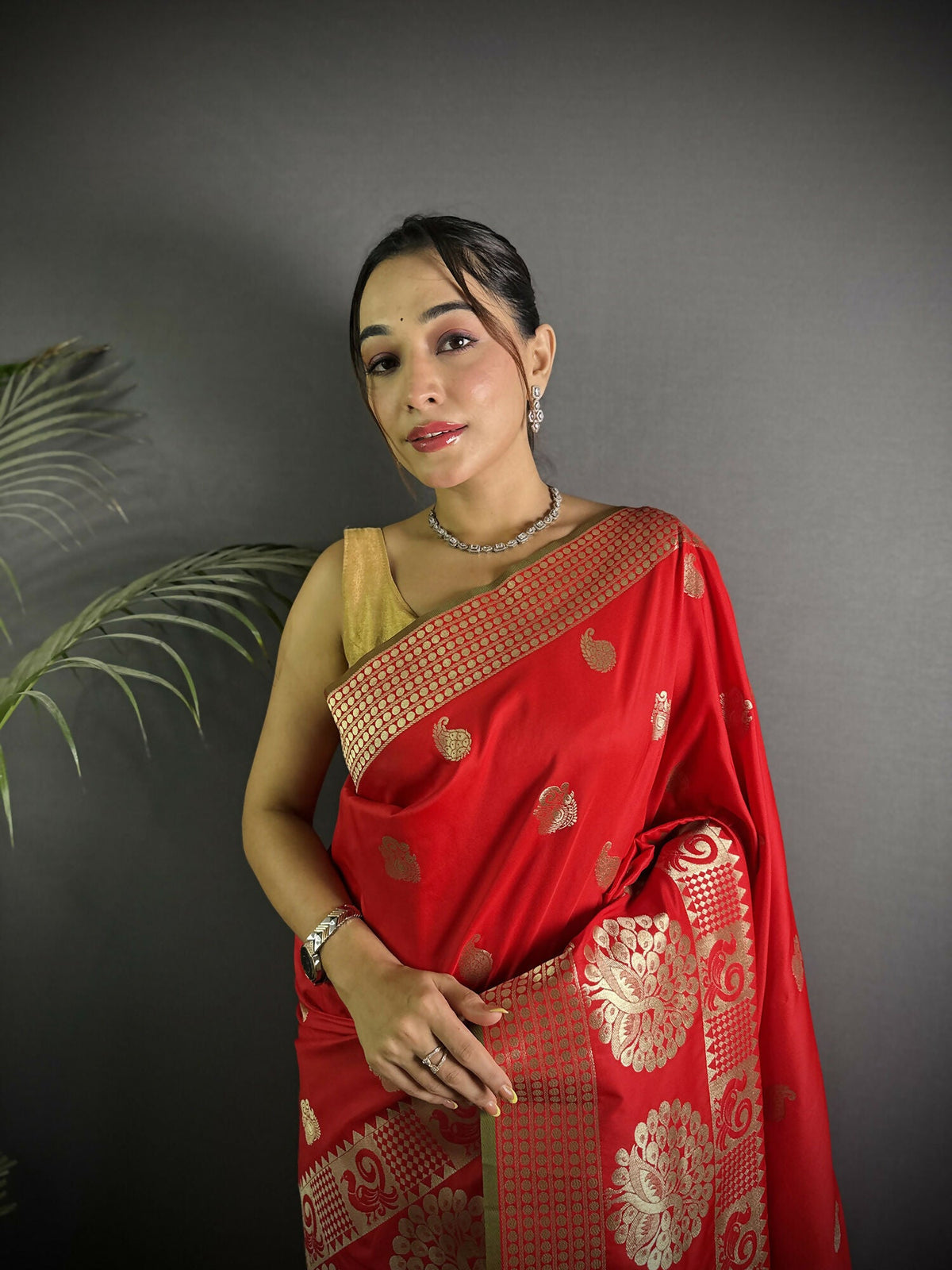Joban Fashion Red Banarasi Soft Lichi Silk Paisley Saree | Grocsy