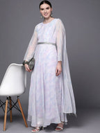Ahalyaa Women Blue & White Floral Fit & Flare Maxi Ethnic Dress | Grocsy