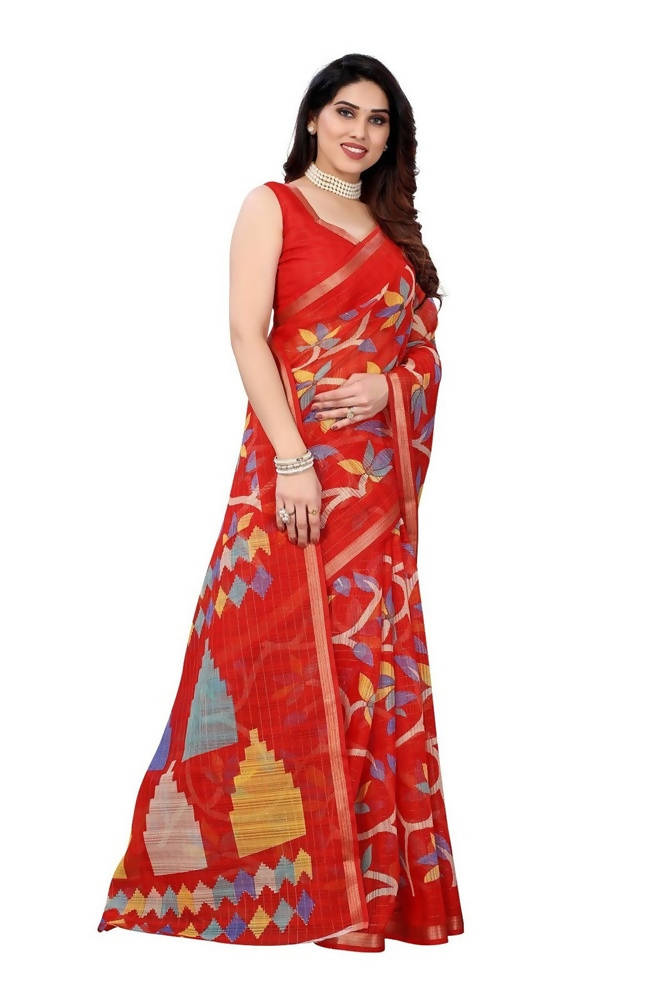 Vamika Red Linen Zari Border Beautiful Saree | Grocsy
