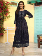 Juniper Women's Navy Festive Embroidered Flared Dress | Grocsy