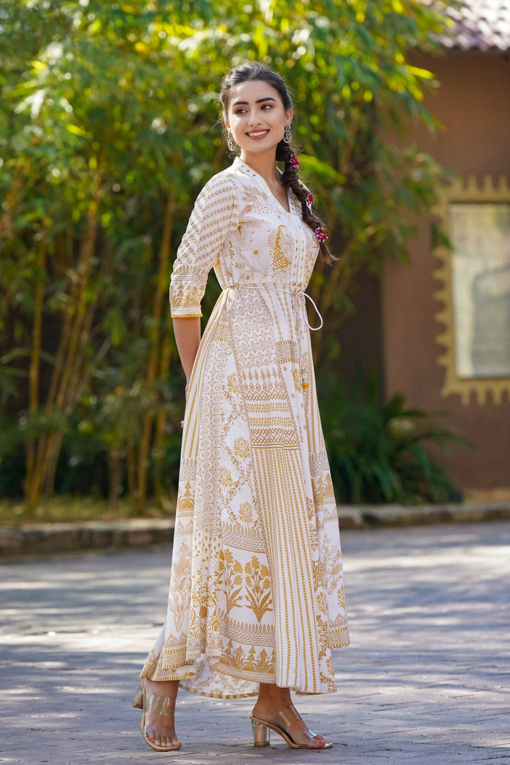 Juniper Women Mustard Rayon Printed Flared Dress | Grocsy