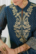 Juniper Blue Chanderi Festive Embroidered Polka Dot Printed A-Line Kurta For Women | Grocsy