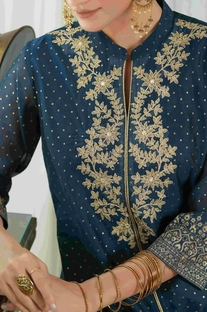 Juniper Blue Chanderi Festive Embroidered Polka Dot Printed A-Line Kurta For Women | Grocsy