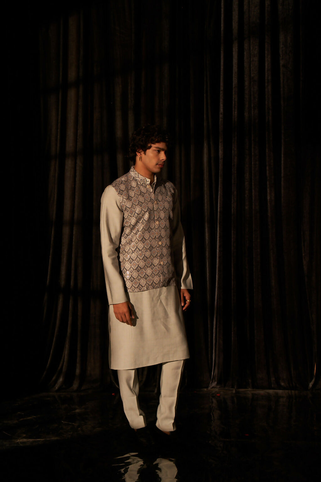 Grey Viscose Designer Printed Men's Kurta Set with Koti - Mahotsav | Grocsy