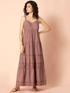 Indya Rose Pink Embroidered Tiered Maxi Dress | Grocsy