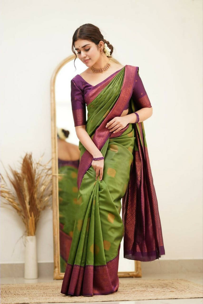 DEIANA'S Beautiful Designer Golden zari Soft Lichi Silk Saree - Mehndi | Grocsy