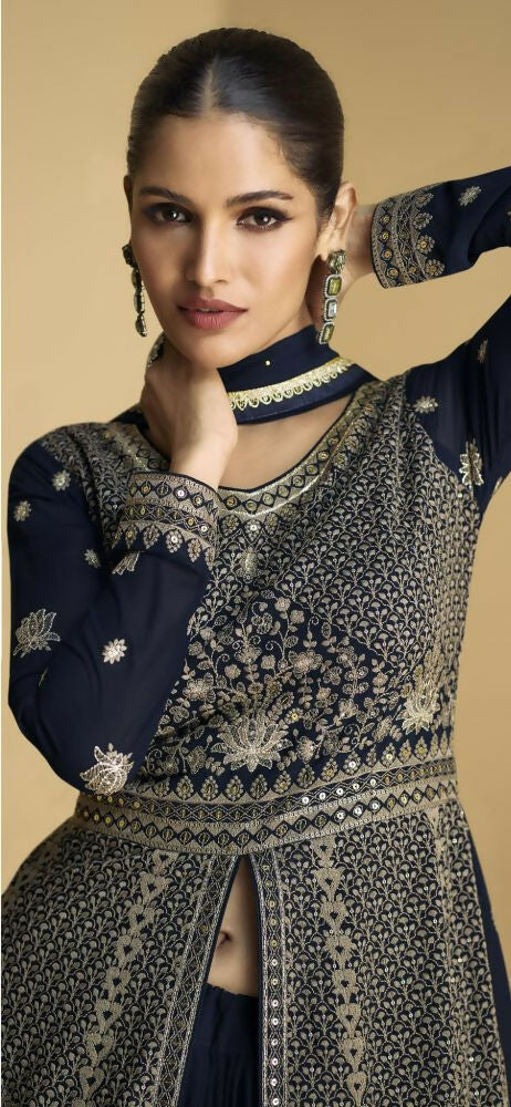 Vastranavya Navy Blue Georgette Embroidered Sequins Work Anarkali Style A Line Suits | Grocsy